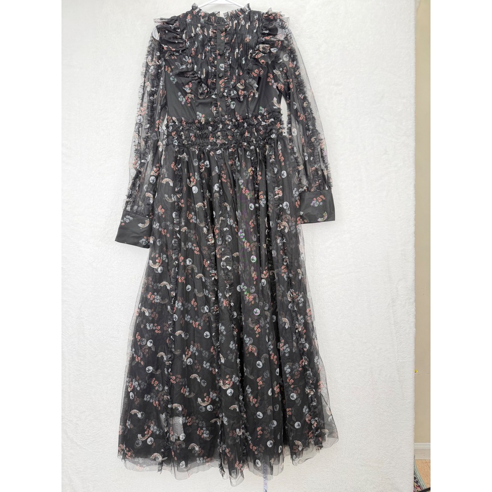 Catchall Floral Tulle Maxi Dress Women L NEW Ruffle Sheer Long Sleeve Black - Picture 4 of 13